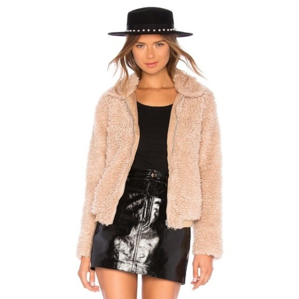 Endless Rose Teddy Bear Fleece Bomber Jacket Sherpa in Beige - Size Large